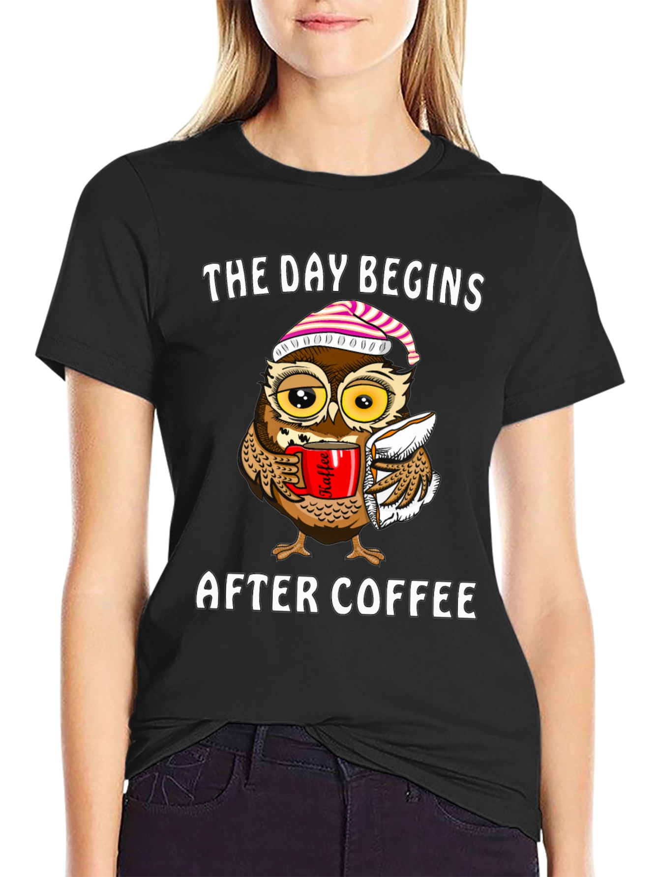 Coffee Owl T-Shirt - The Day Begins After Coffee