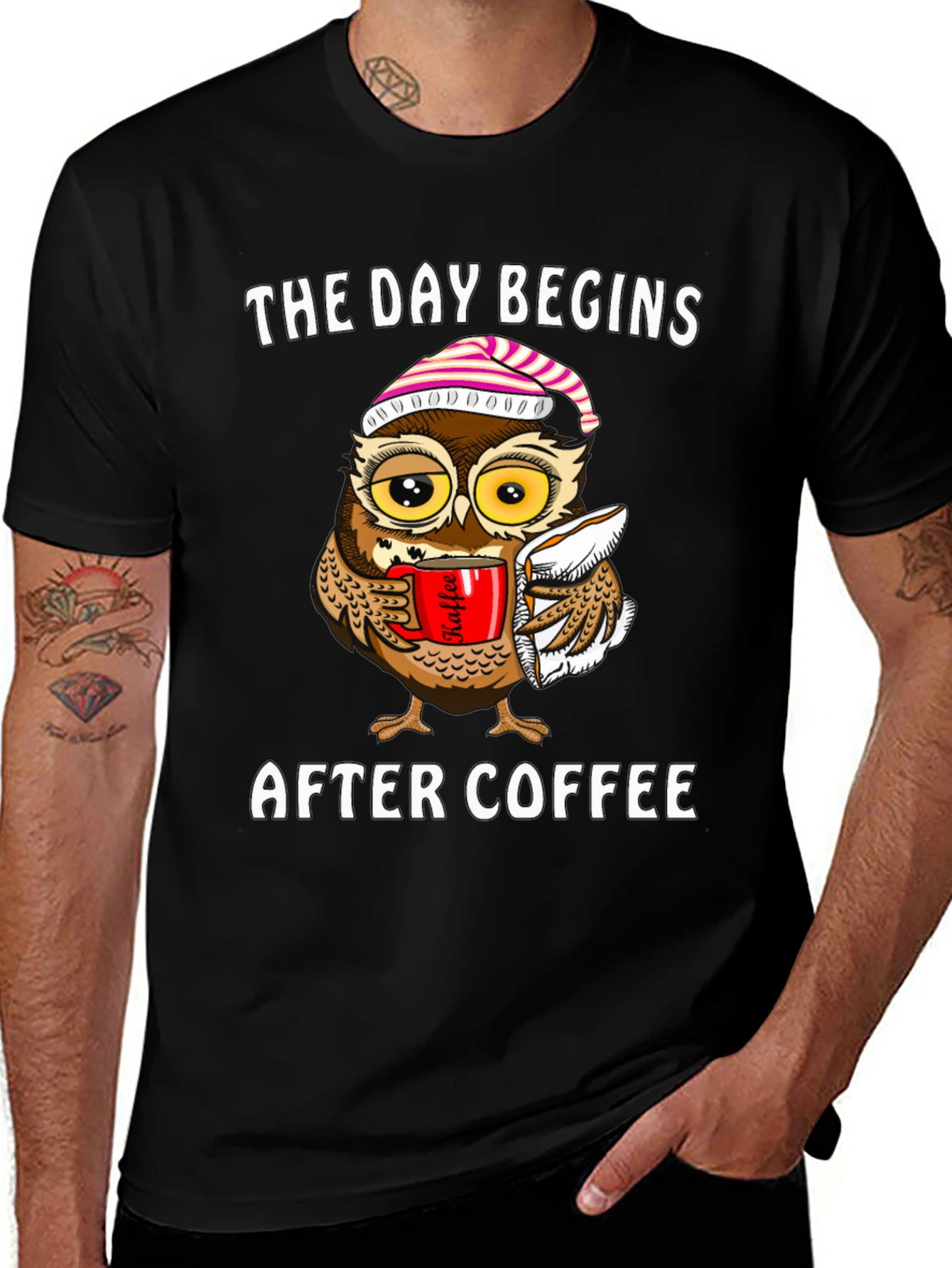 Coffee Owl T-Shirt - The Day Begins After Coffee