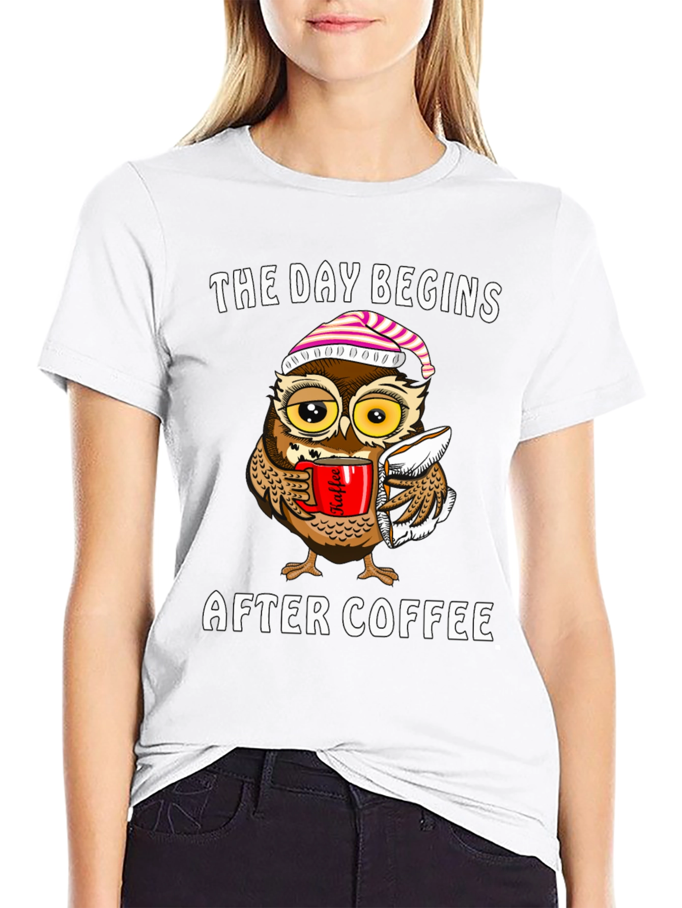Coffee Owl T-Shirt - The Day Begins After Coffee