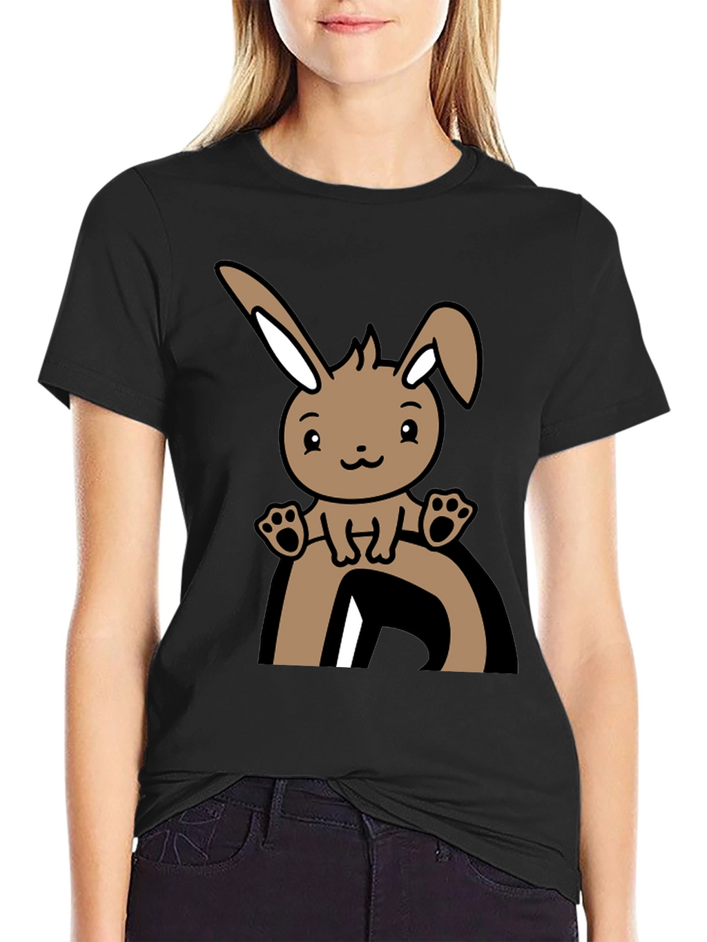 Cute Bunny Graphic Tee - Black