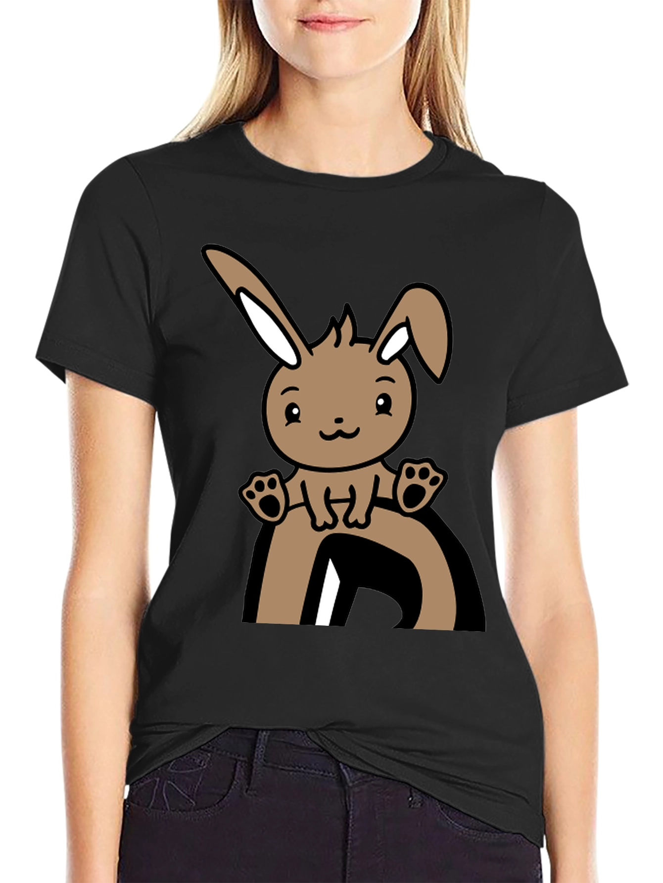 Cute Bunny Graphic Tee - Black