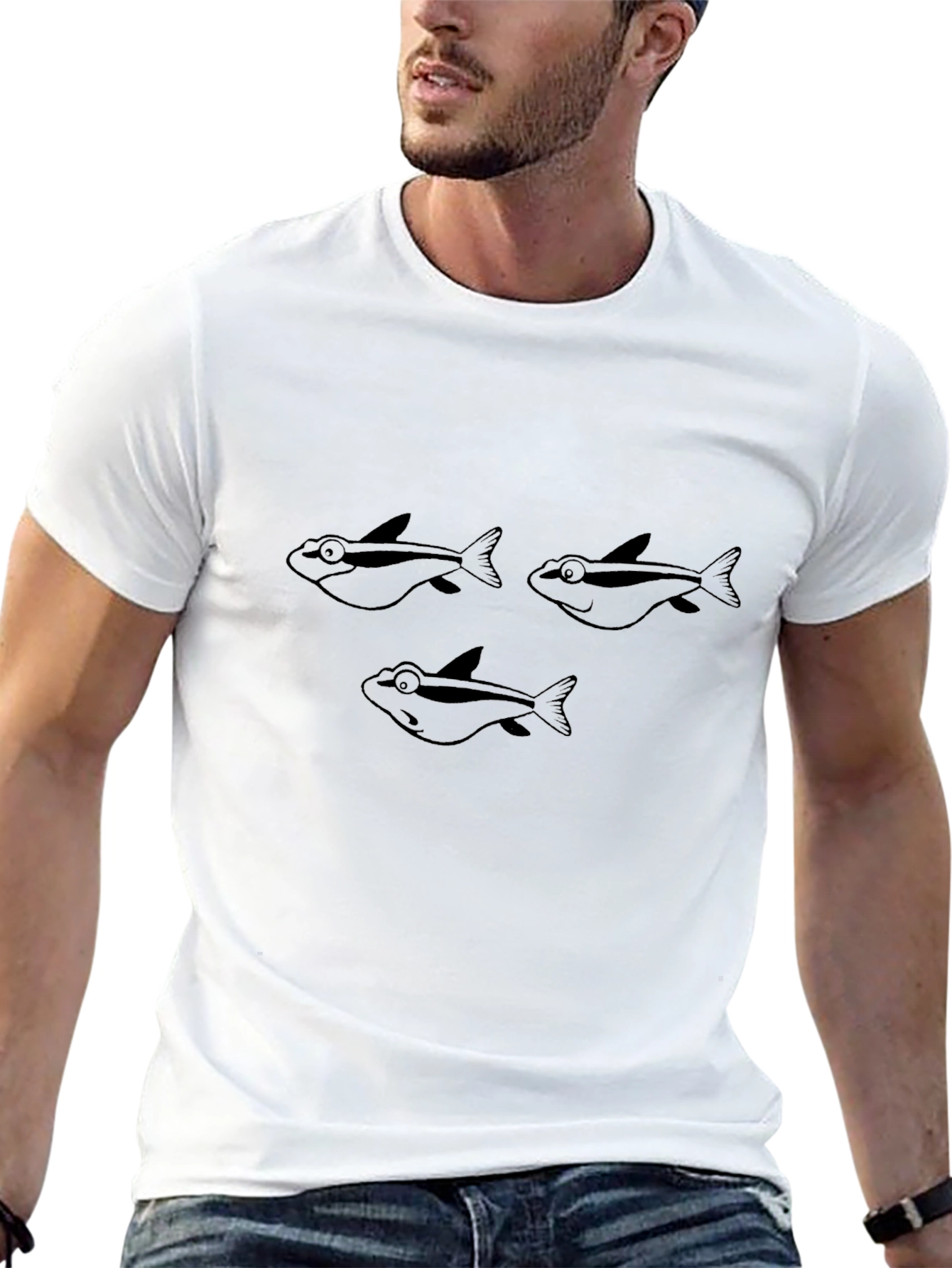 Cartoon Fish Graphic Tee - Black Cotton T-Shirt
