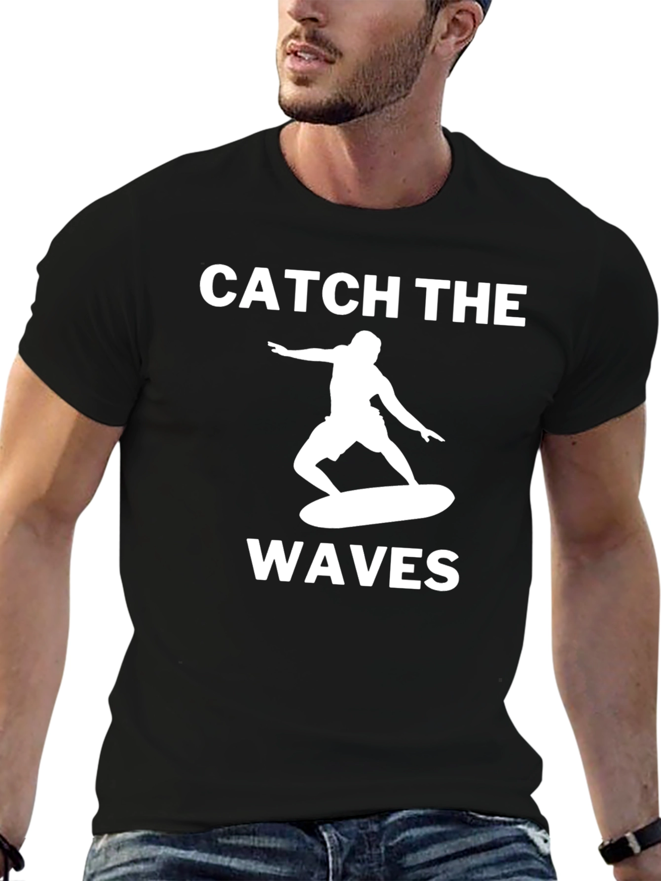 Catch The Waves Graphic Tee - Black Cotton T-Shirt