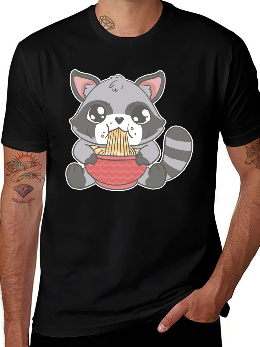 Cute Raccoon Ramen T-Shirt - Black