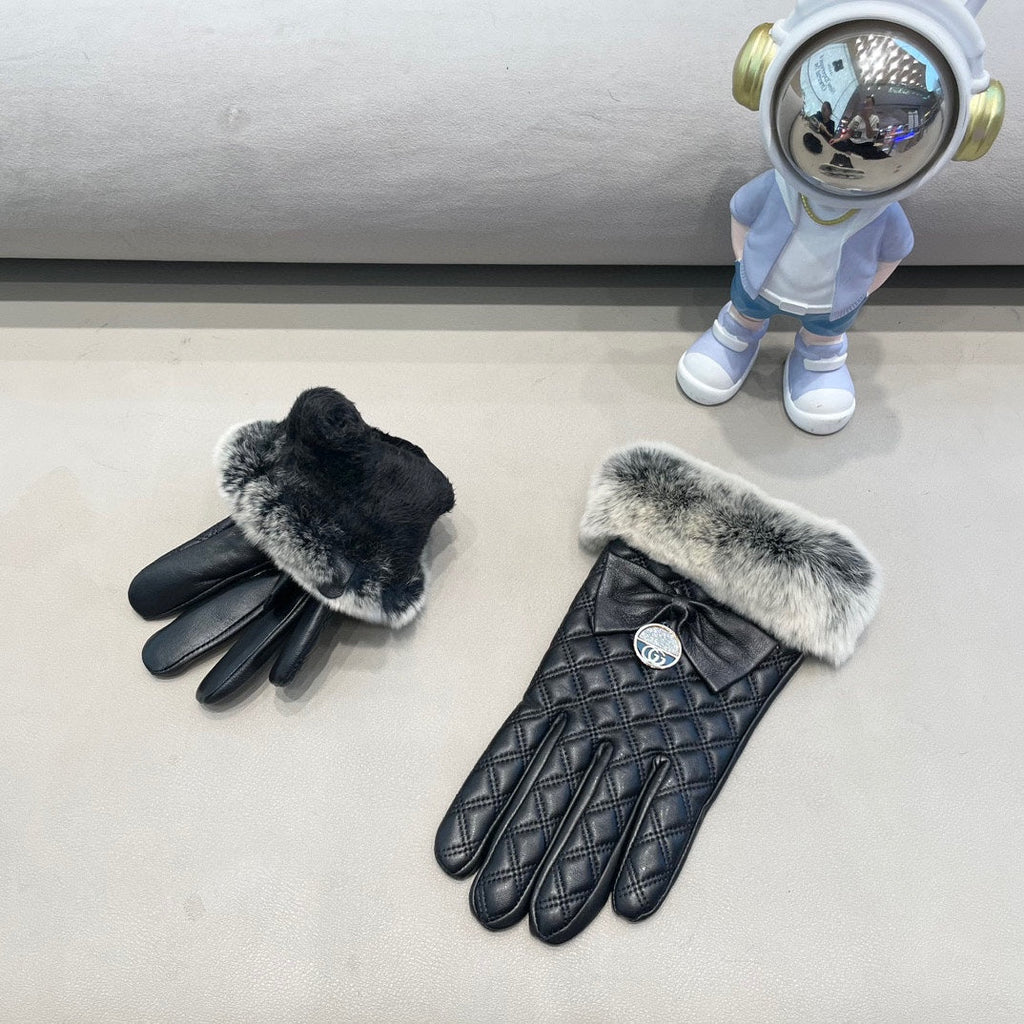 TOUCHSCREEN GLOVES WITH BOW IN BLACK RABBIT FUR MIX LAMBSKIN 463796