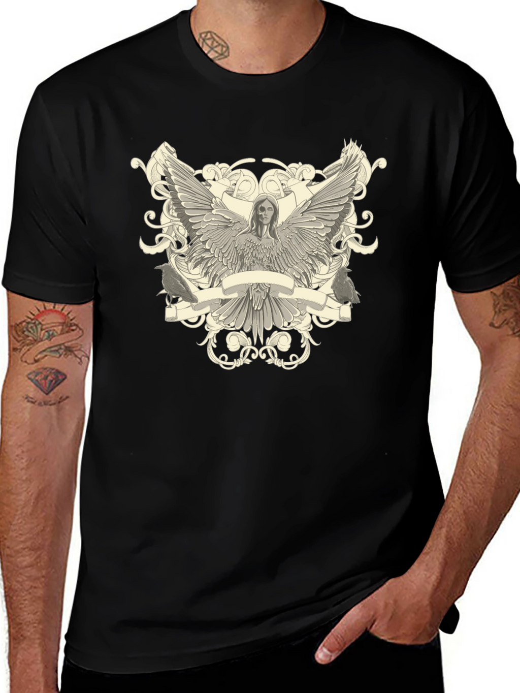 Angel Winged Graphic Print Black Tee