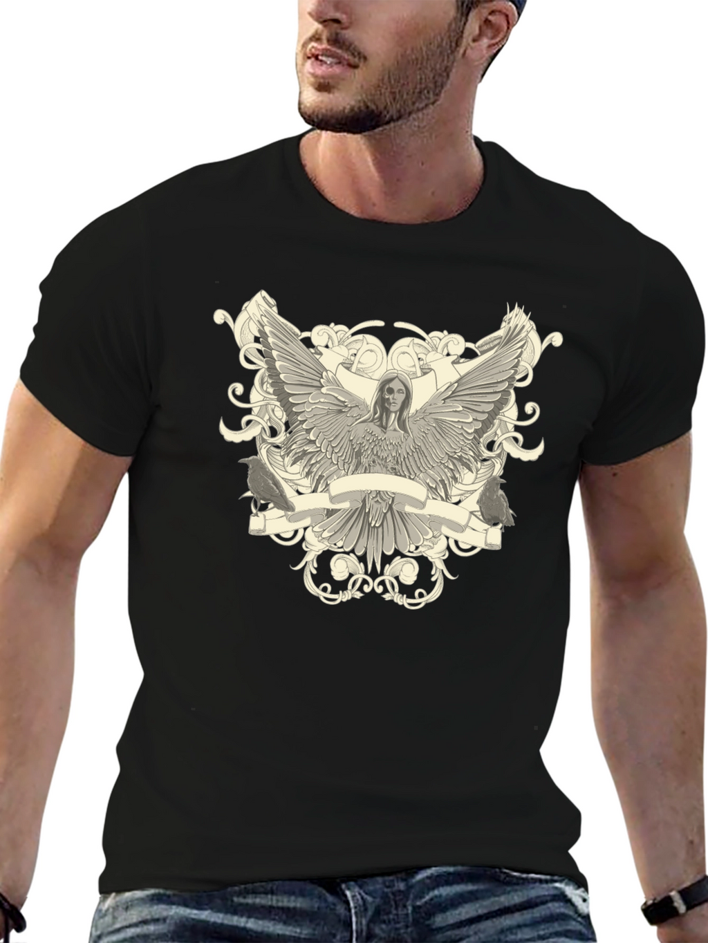 Angel Winged Graphic Print Black Tee