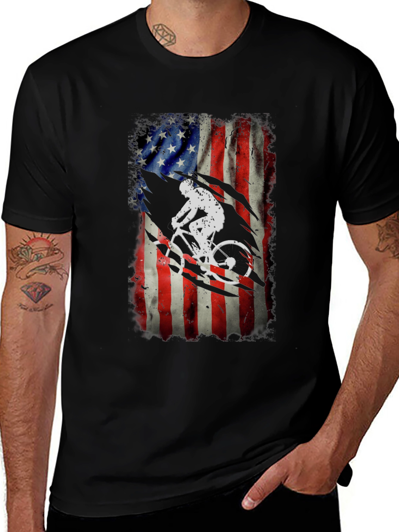 American Flag Biker Graphic Tee - Patriotic Cycling Shirt