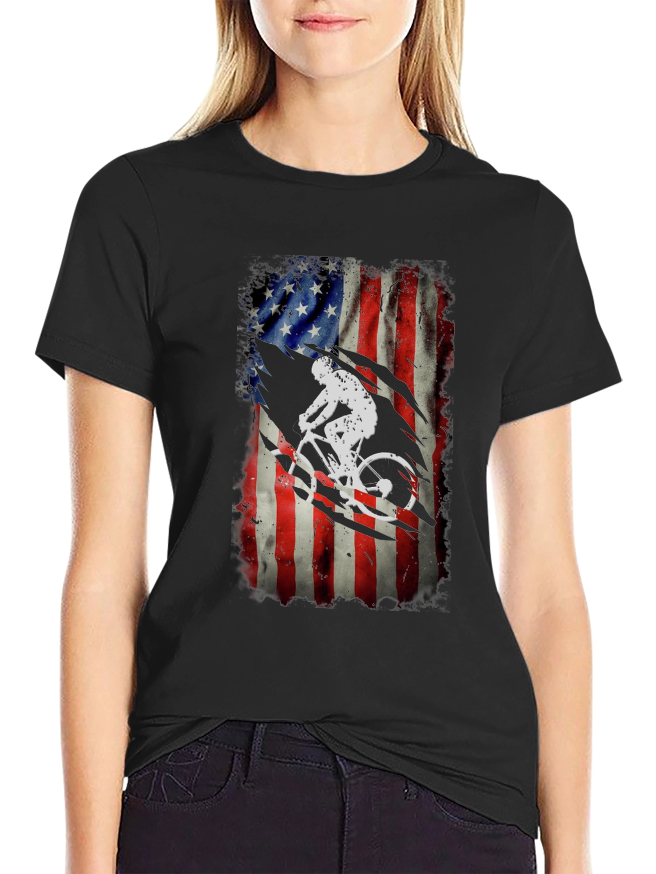 American Flag Biker Graphic Tee - Patriotic Cycling Shirt