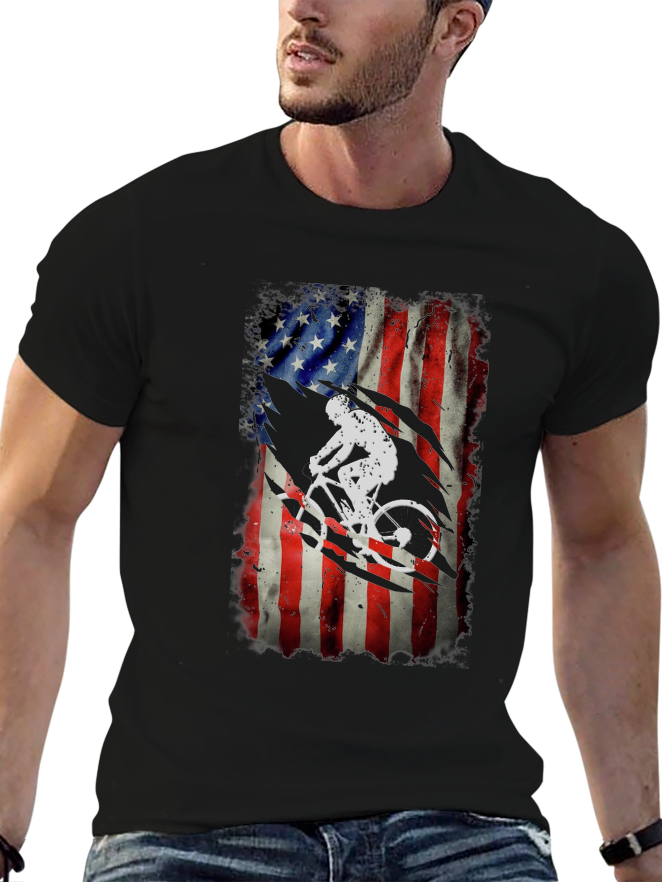 American Flag Biker Graphic Tee - Patriotic Cycling Shirt