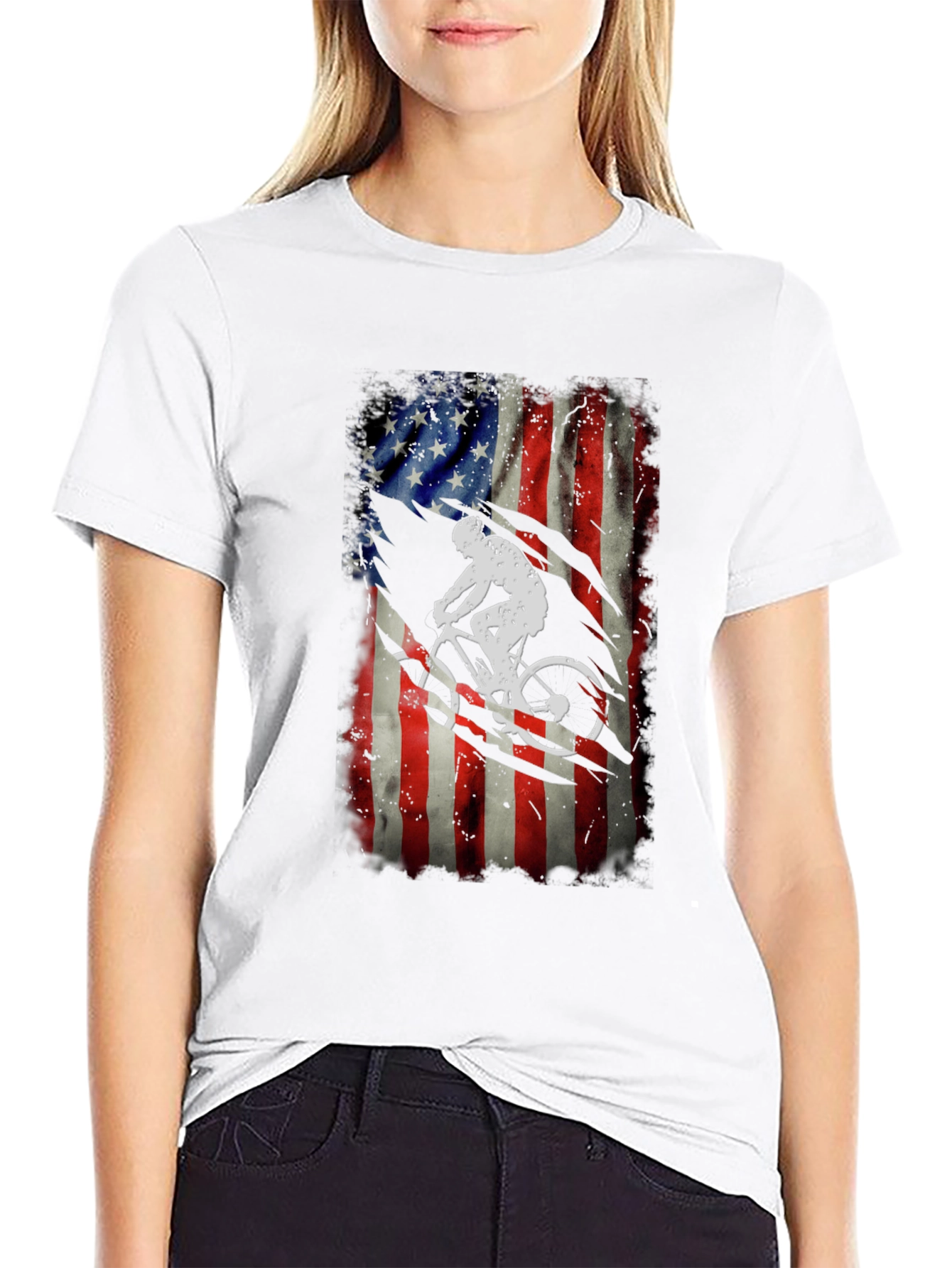 American Flag Biker Graphic Tee - Patriotic Cycling Shirt