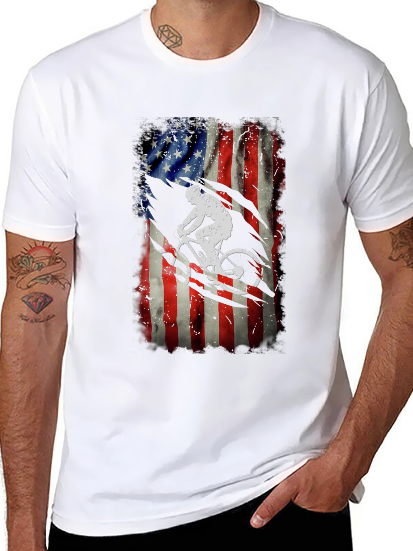American Flag Biker Graphic Tee - Patriotic Cycling Shirt