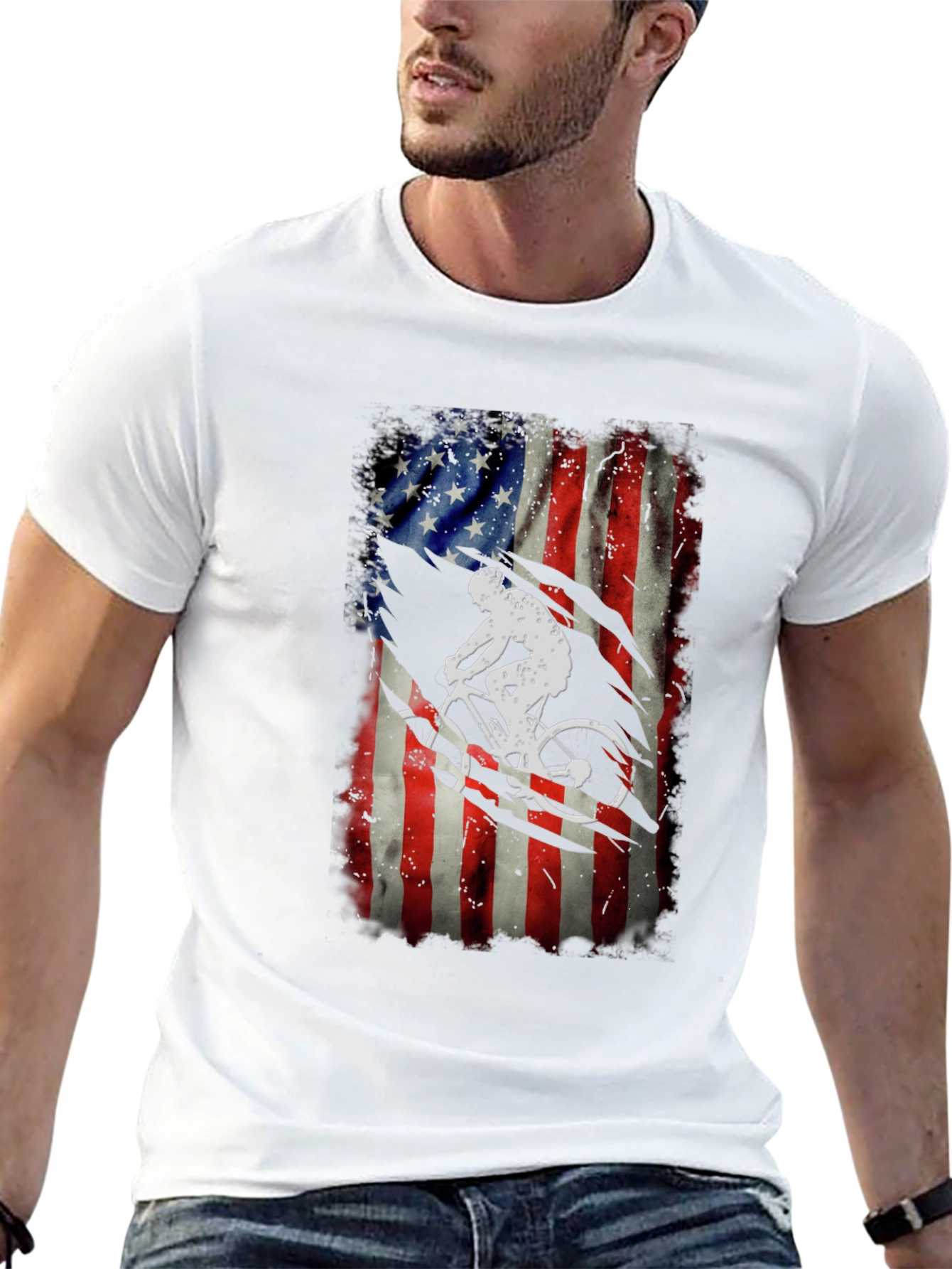American Flag Biker Graphic Tee - Patriotic Cycling Shirt