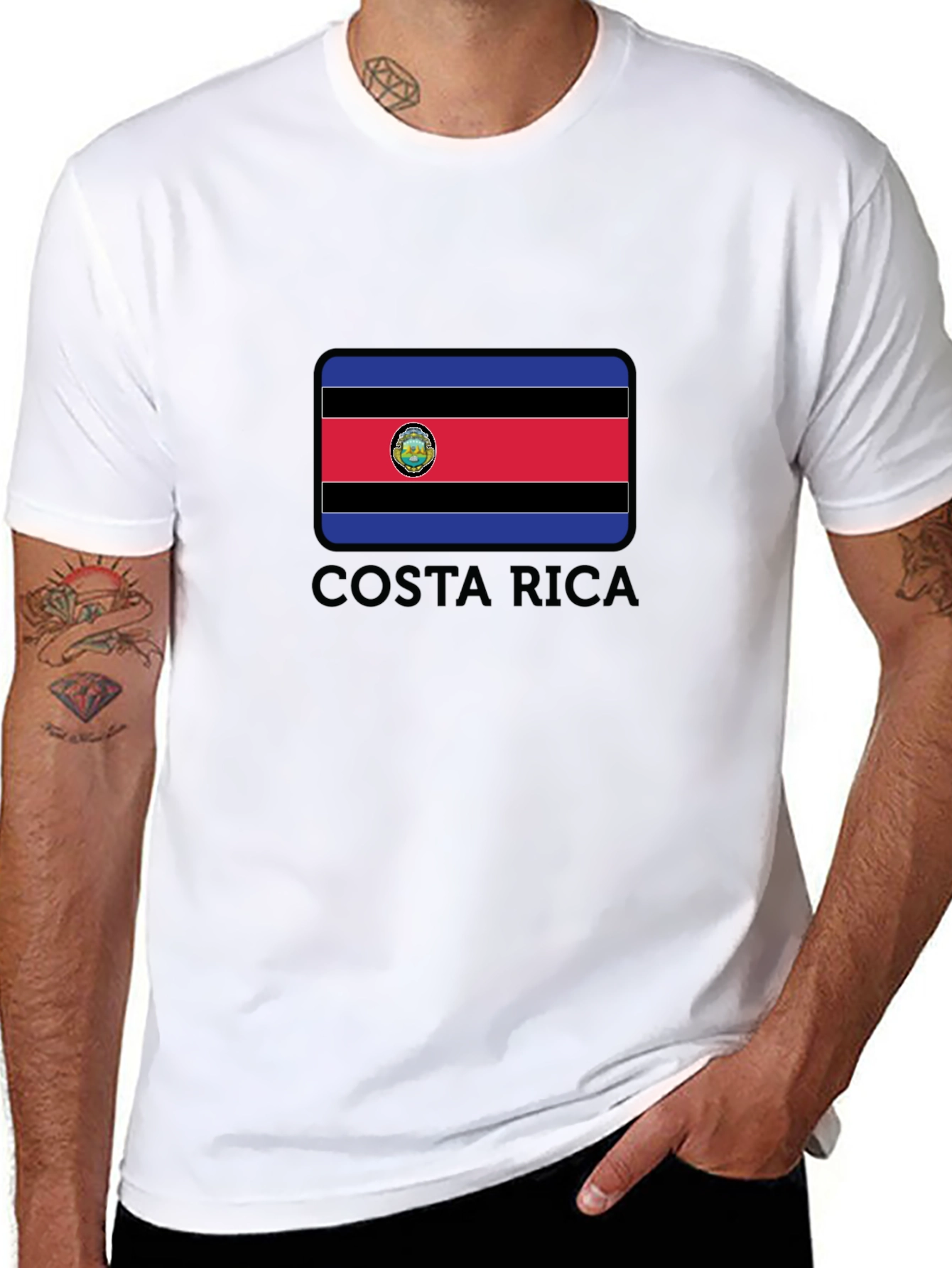 Costa Rica Flag Graphic Tee - Black Crew Neck T-Shirt