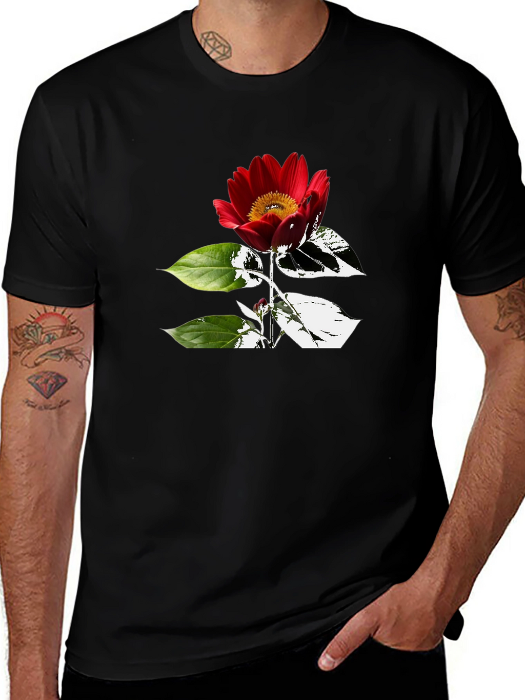 Black T-Shirt with Red Flower Graphic
