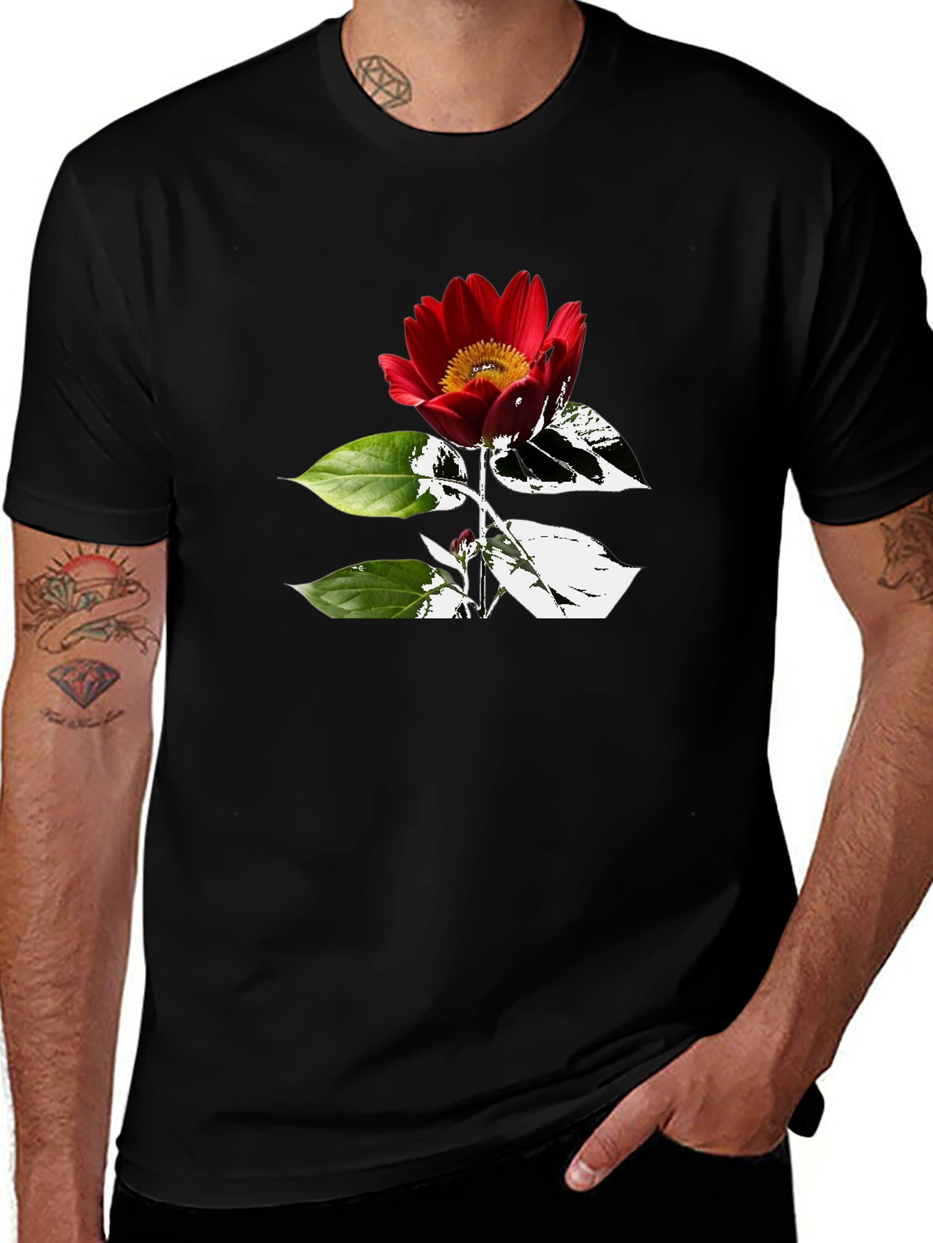 Black T-Shirt with Red Flower Graphic