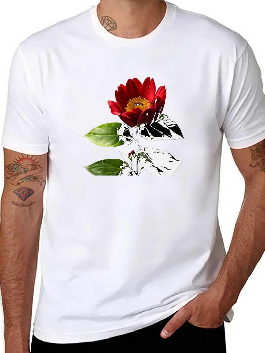 Black T-Shirt with Red Flower Graphic