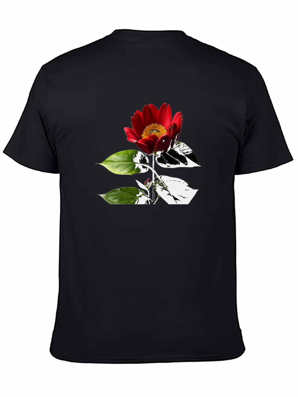 Black T-Shirt with Red Flower Graphic