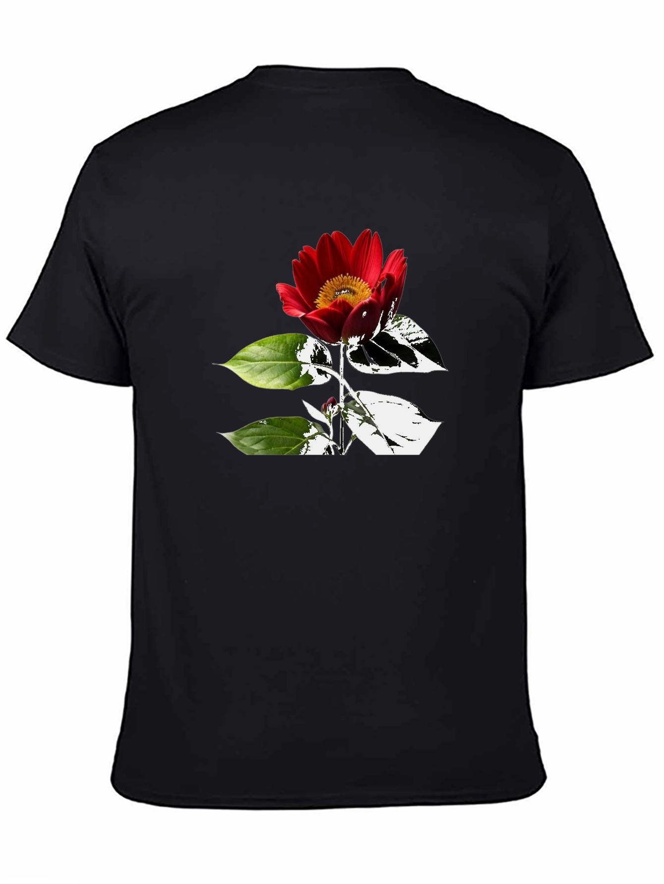 Black T-Shirt with Red Flower Graphic