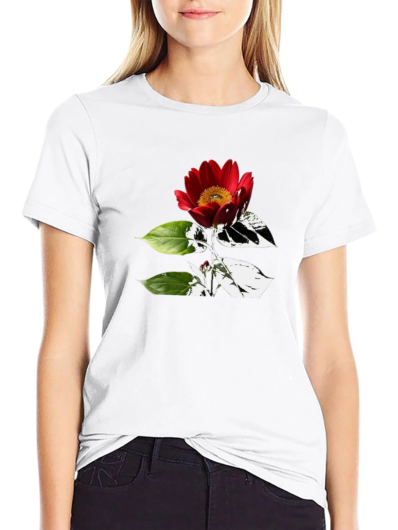Black T-Shirt with Red Flower Graphic