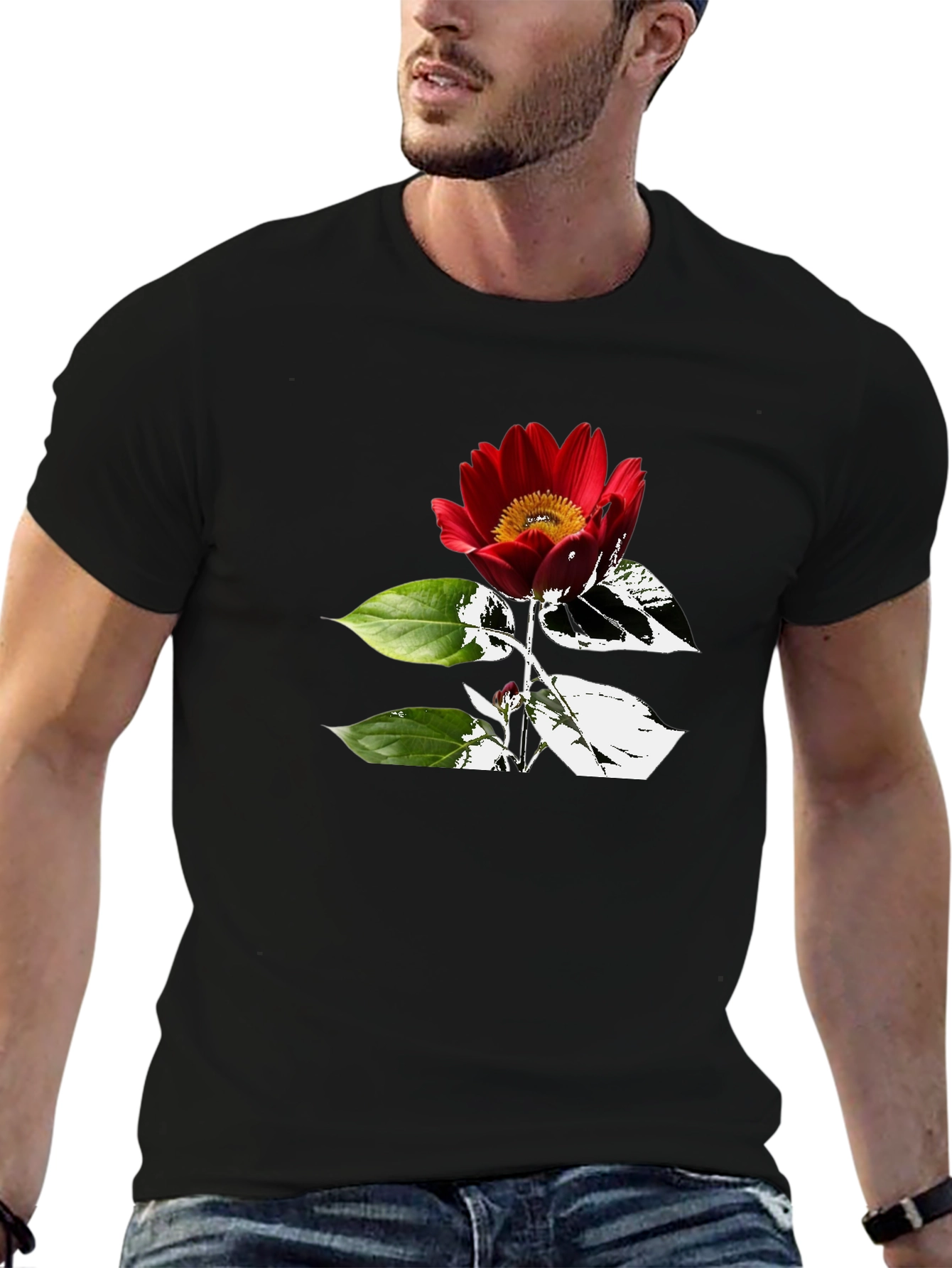 Black T-Shirt with Red Flower Graphic