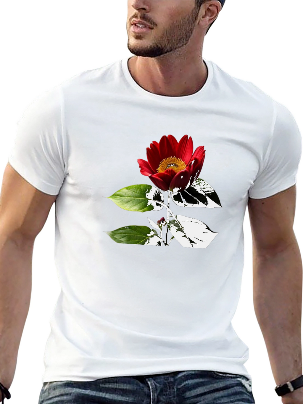 Black T-Shirt with Red Flower Graphic