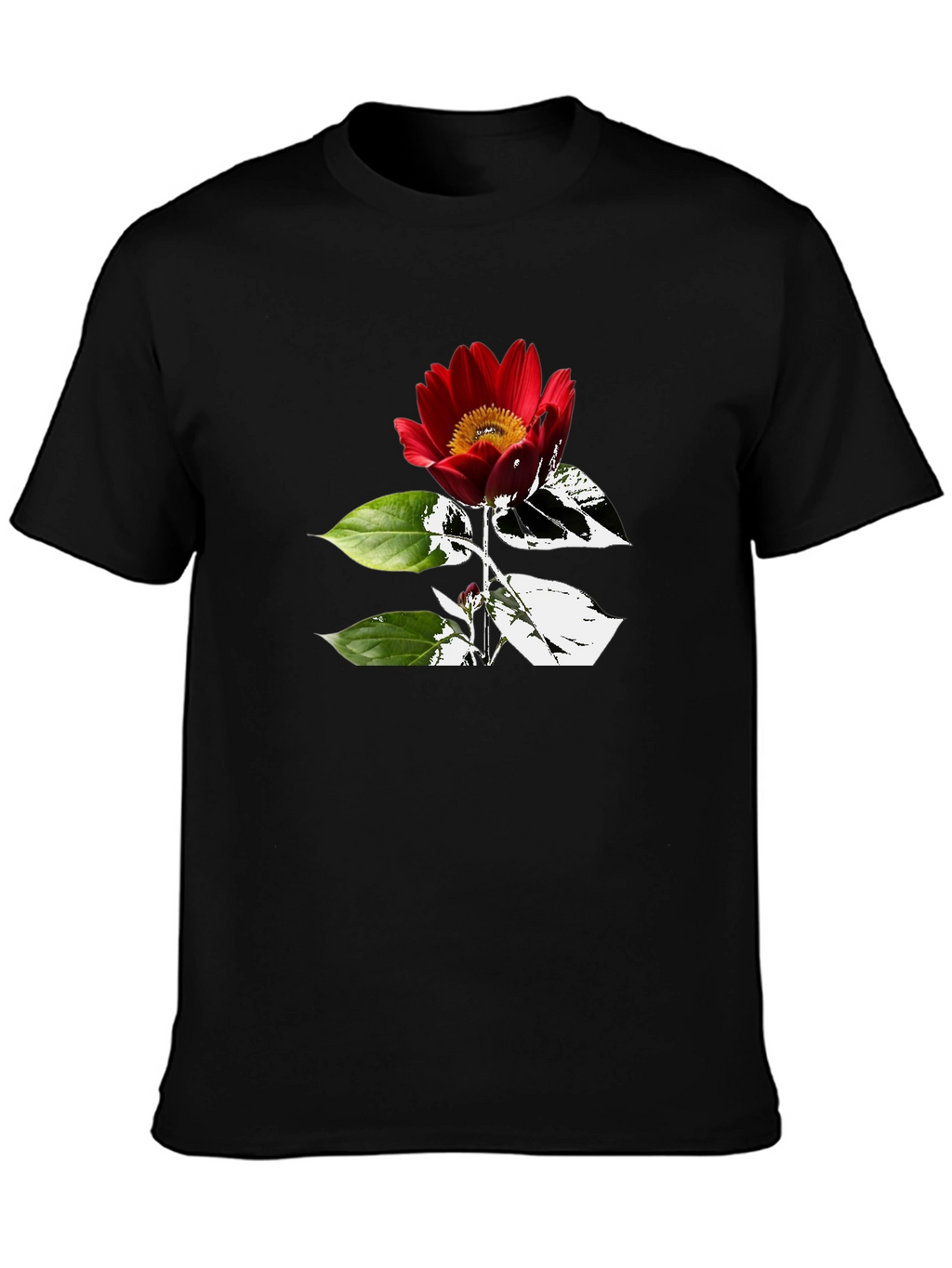 Black T-Shirt with Red Flower Graphic