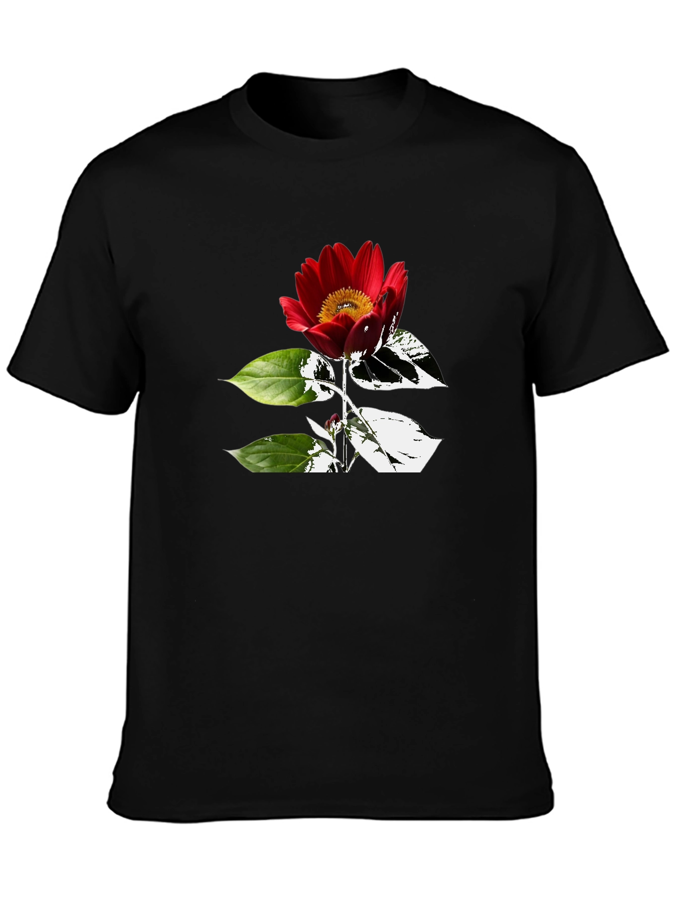 Black T-Shirt with Red Flower Graphic