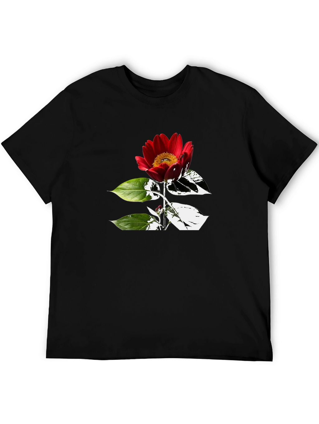 Black T-Shirt with Red Flower Graphic