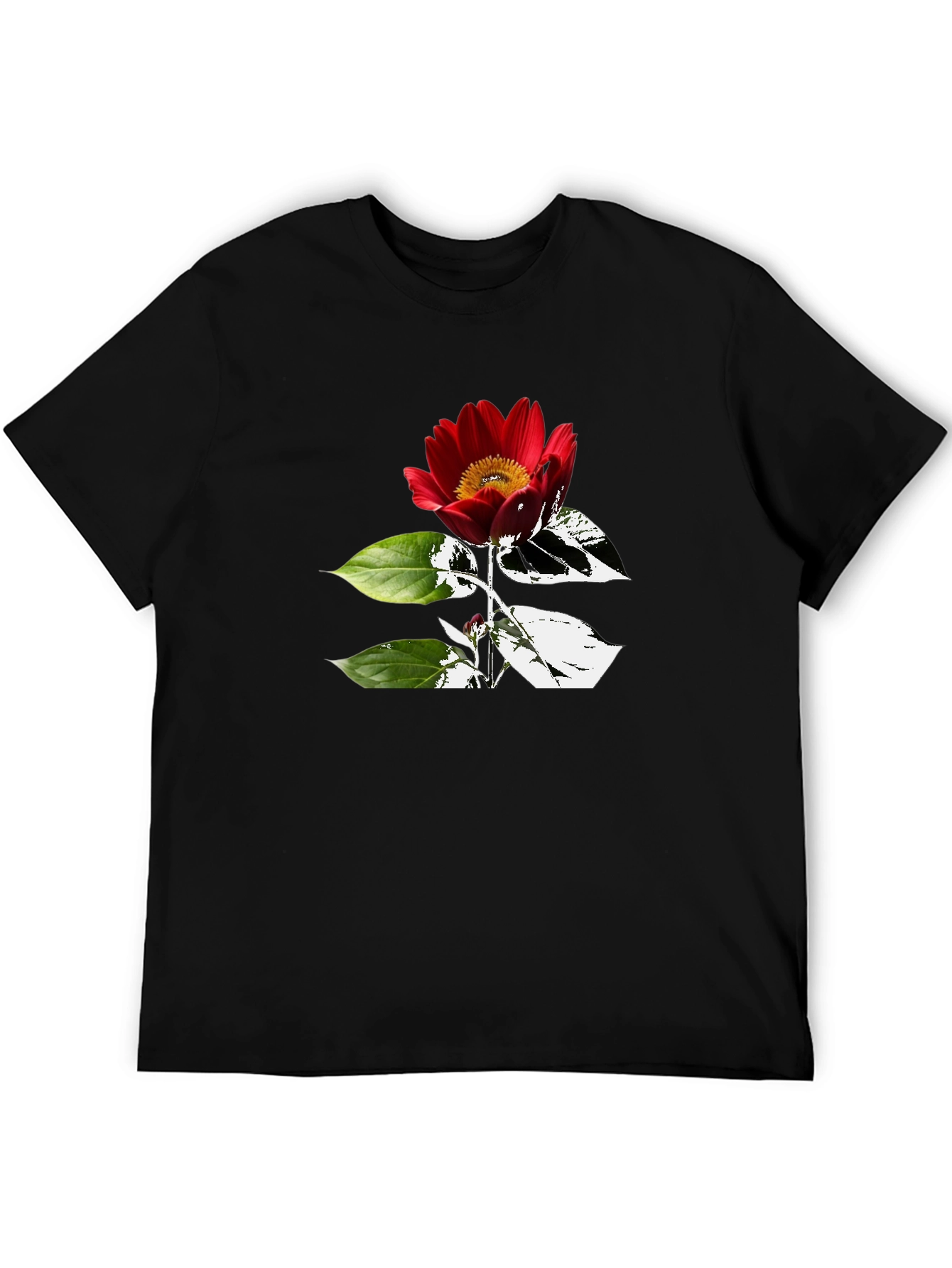 Black T-Shirt with Red Flower Graphic
