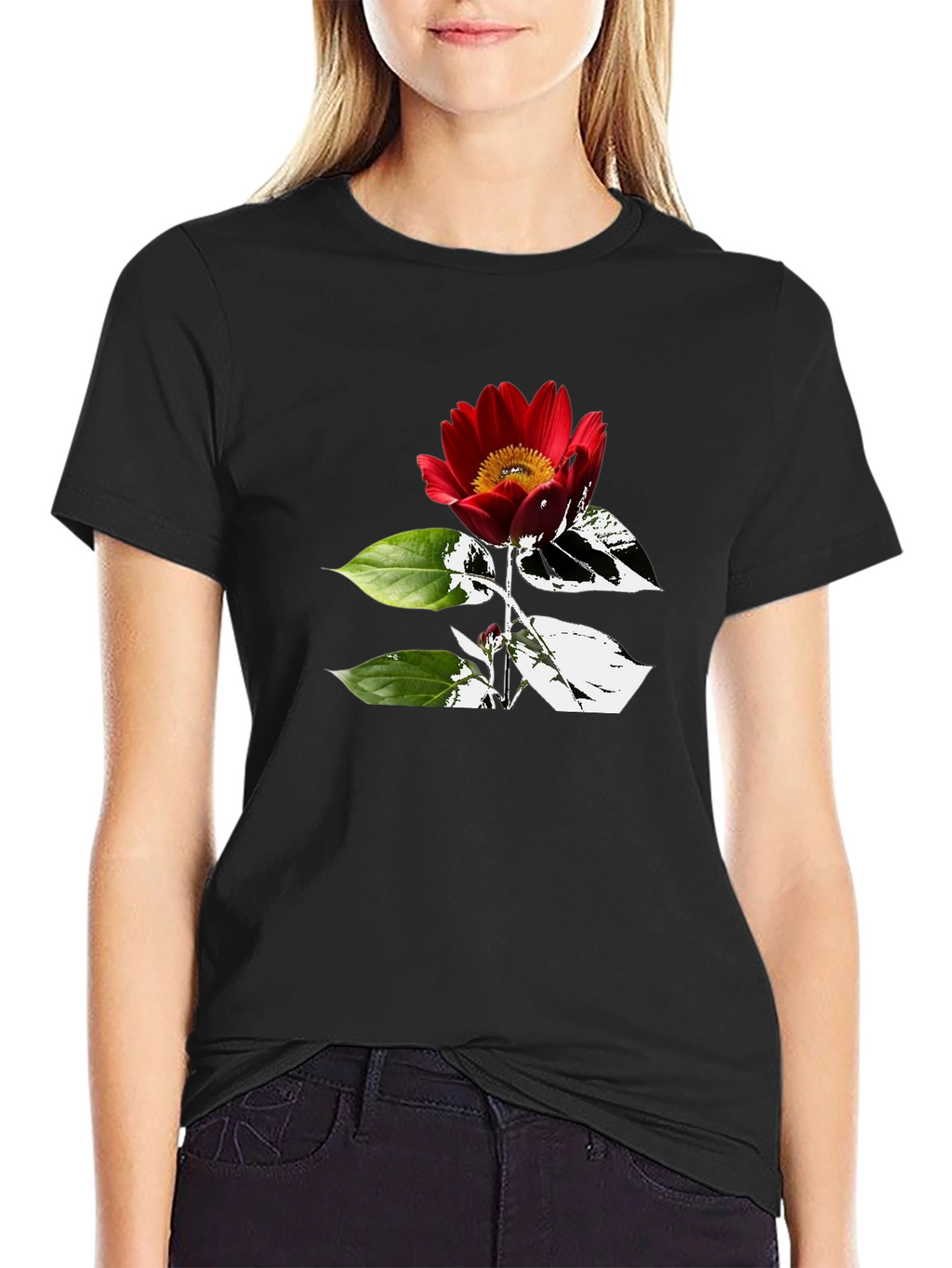 Black T-Shirt with Red Flower Graphic