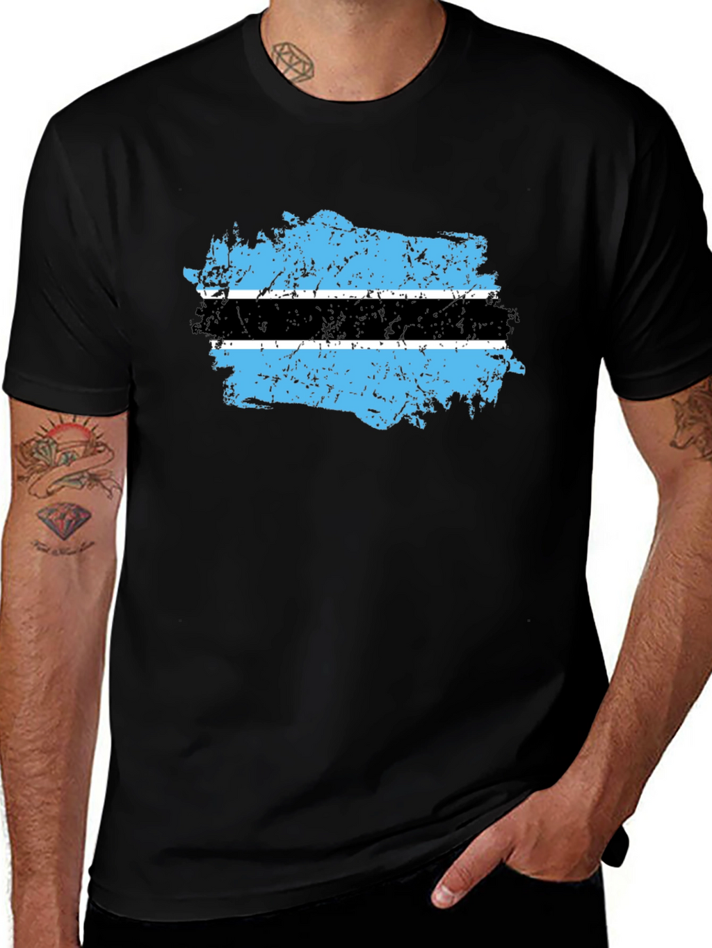 Botswana Flag Distressed Black T-Shirt