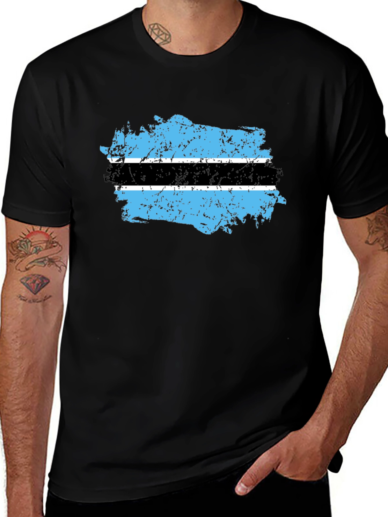 Botswana Flag Distressed Black T-Shirt
