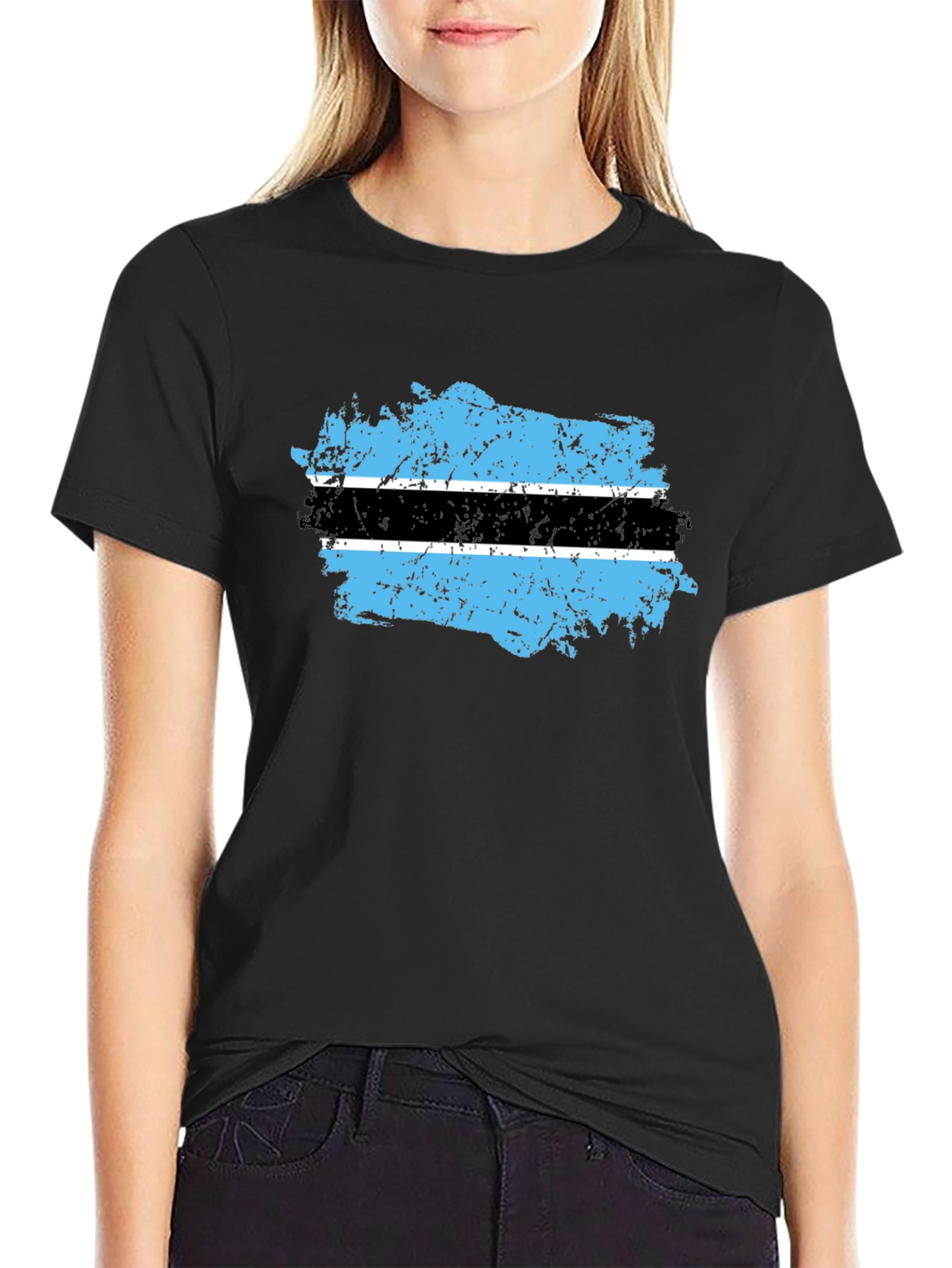 Botswana Flag Distressed Black T-Shirt