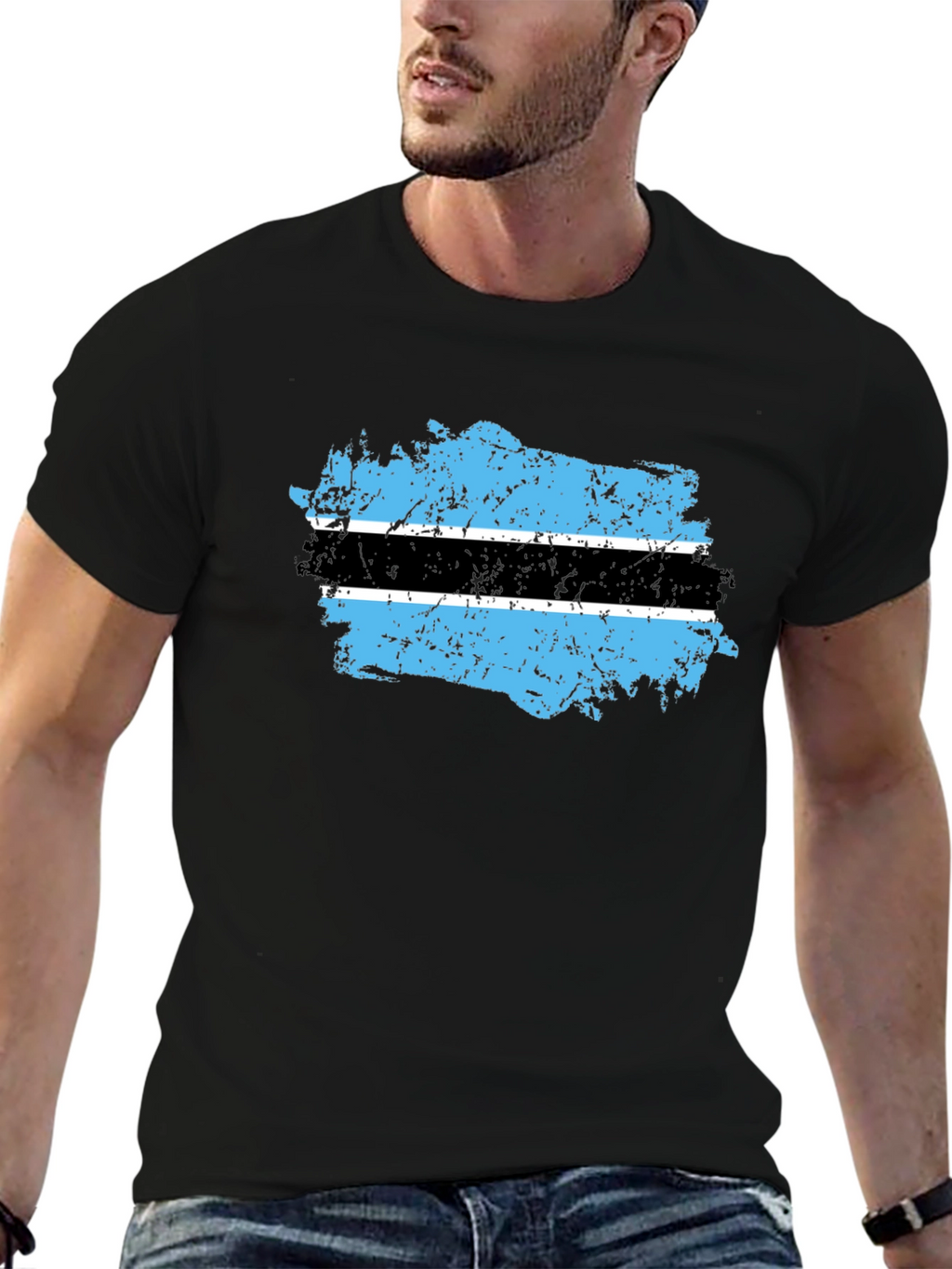 Botswana Flag Distressed Black T-Shirt