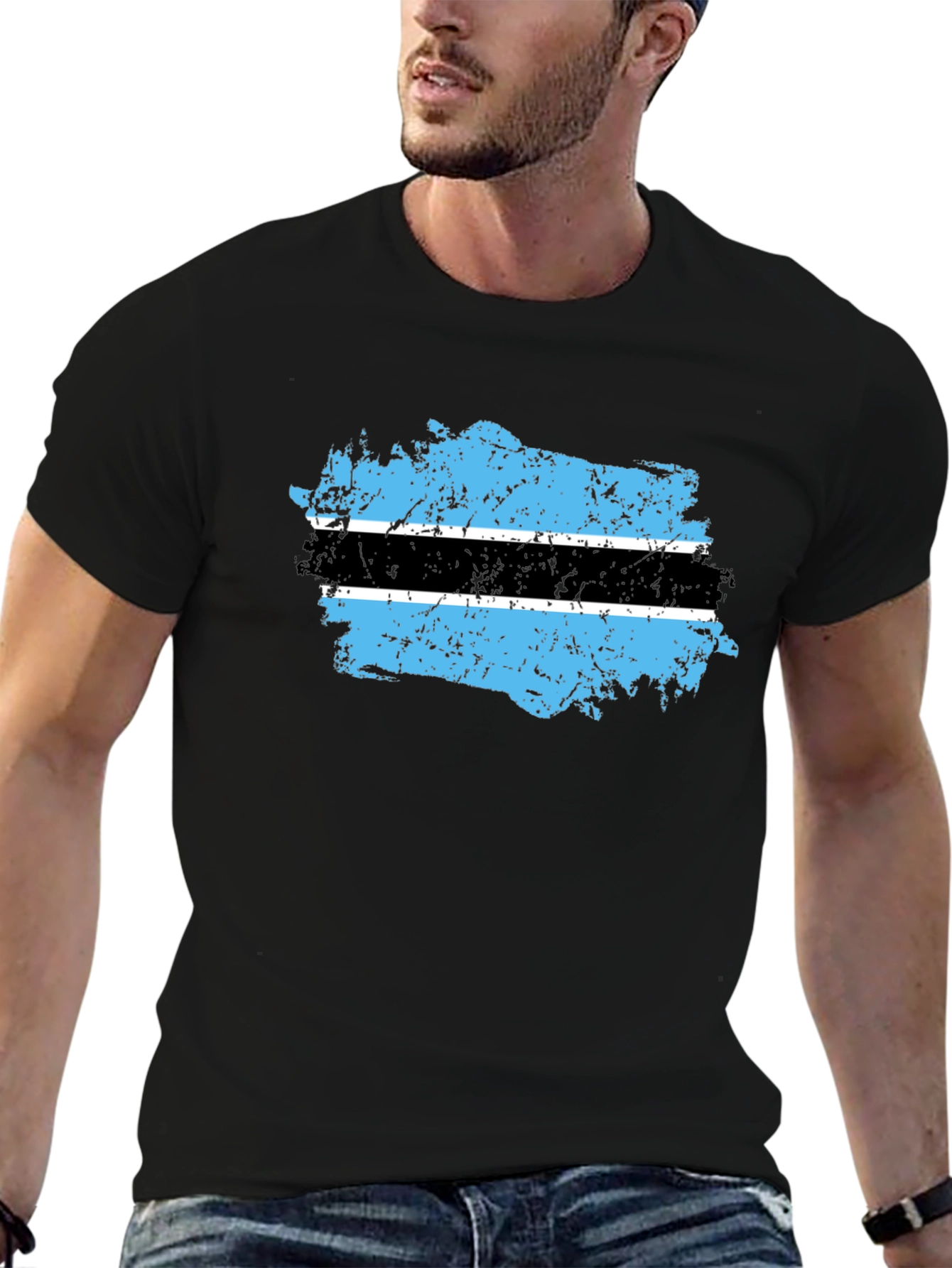 Botswana Flag Distressed Black T-Shirt