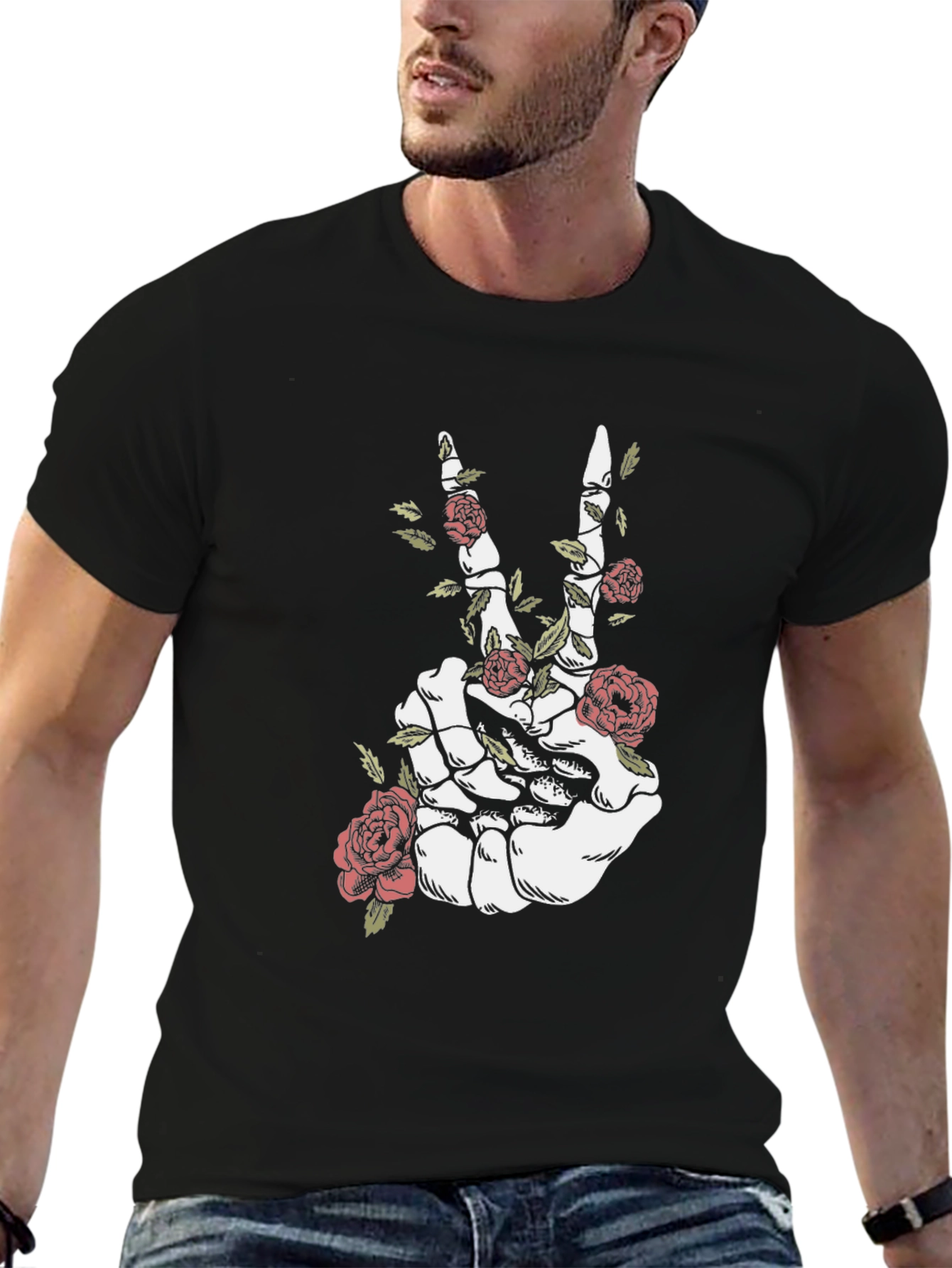 Floral Skeleton Hand Peace Sign Graphic Tee