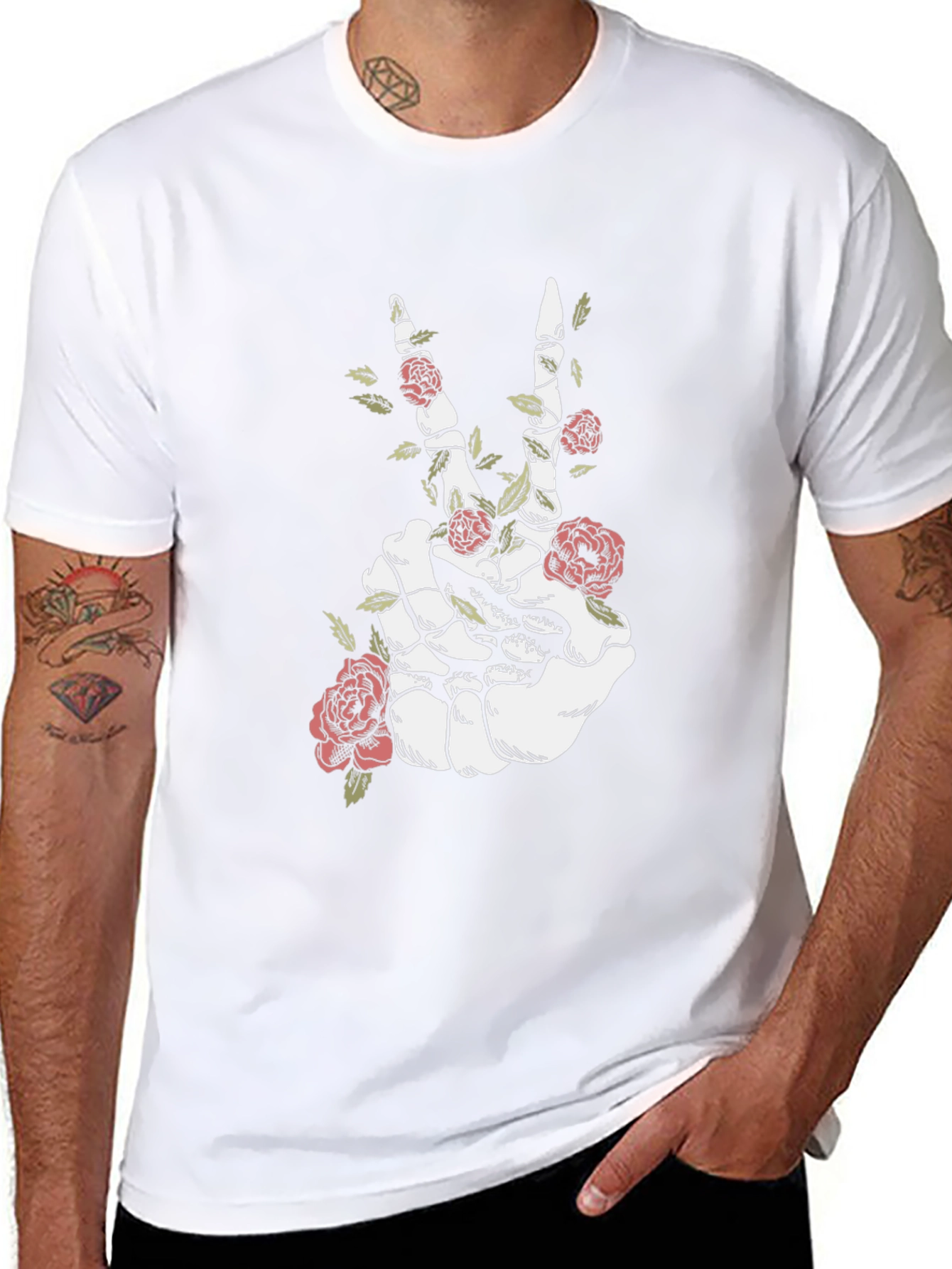 Floral Skeleton Hand Peace Sign Graphic Tee
