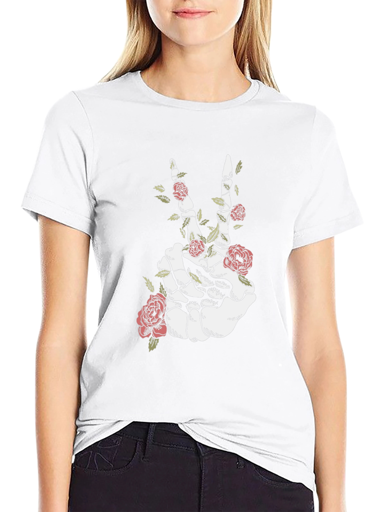 Floral Skeleton Hand Peace Sign Graphic Tee