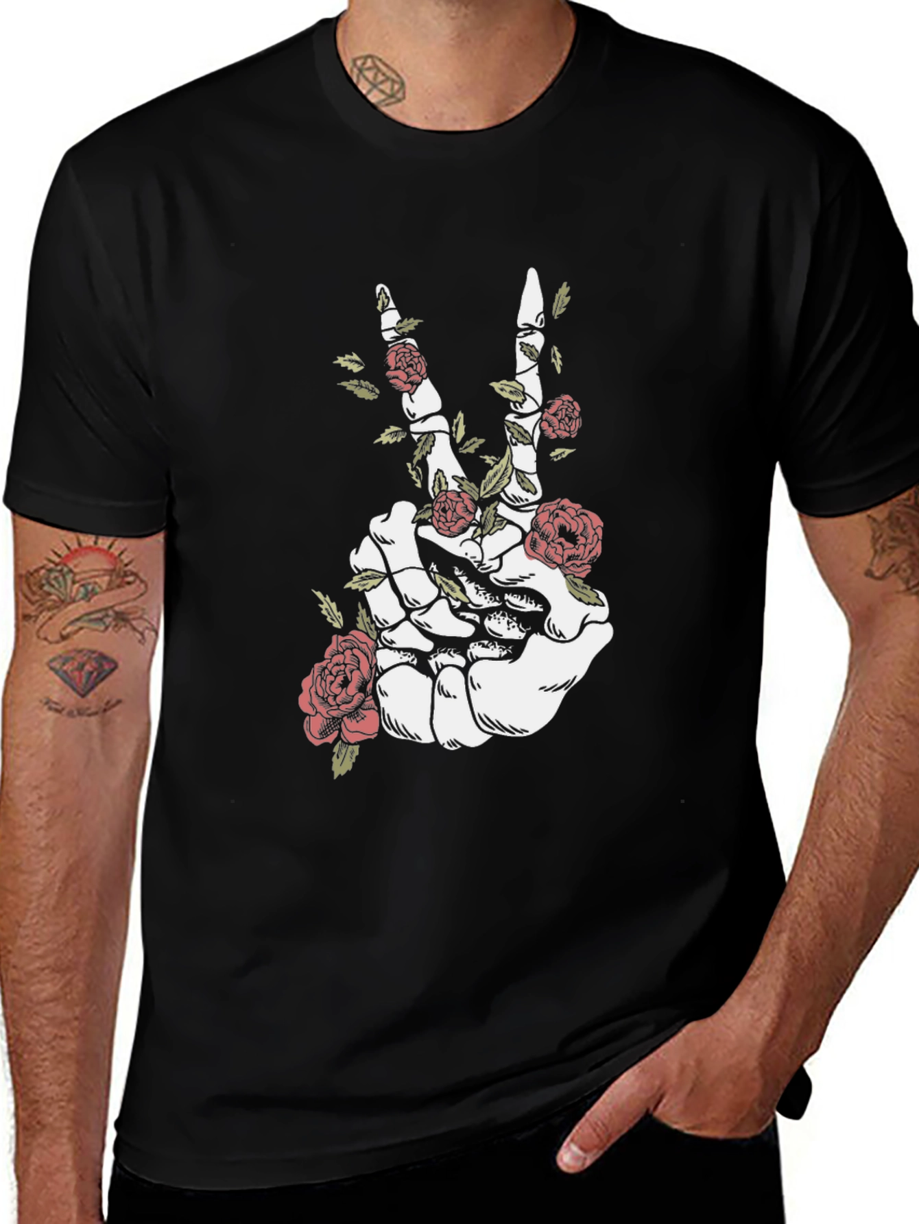 Floral Skeleton Hand Peace Sign Graphic Tee