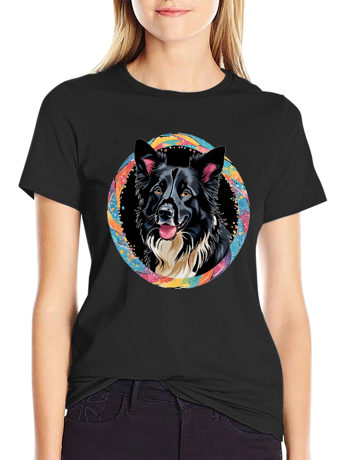 Border Collie Dog Art Graphic Black T-Shirt
