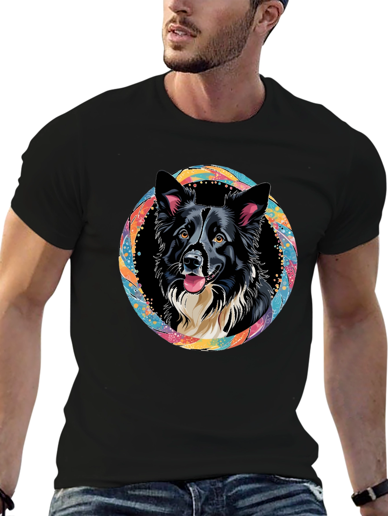 Border Collie Dog Art Graphic Black T-Shirt