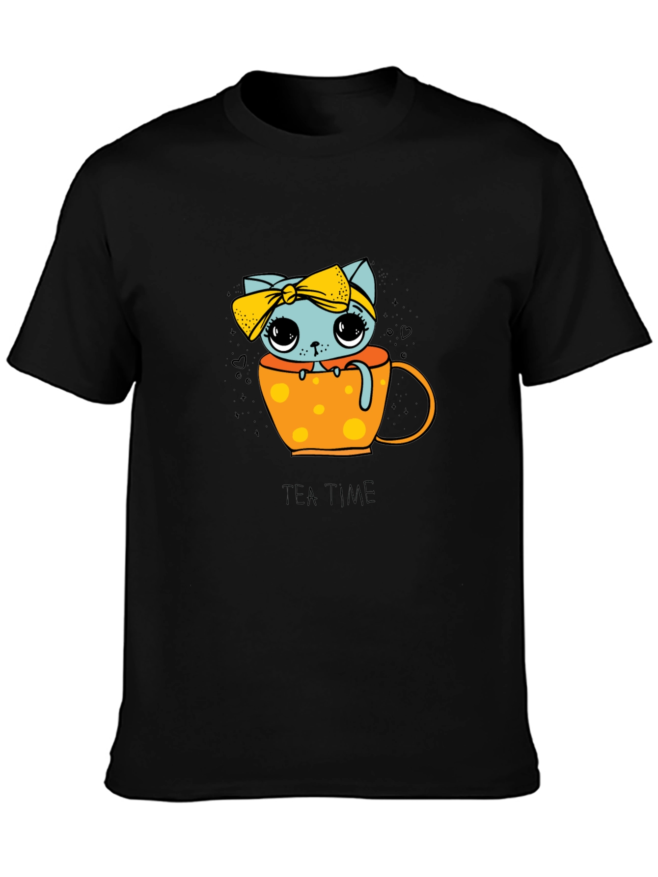 Cute Tea Time Kitten Graphic Tee - Unisex Black Shirt