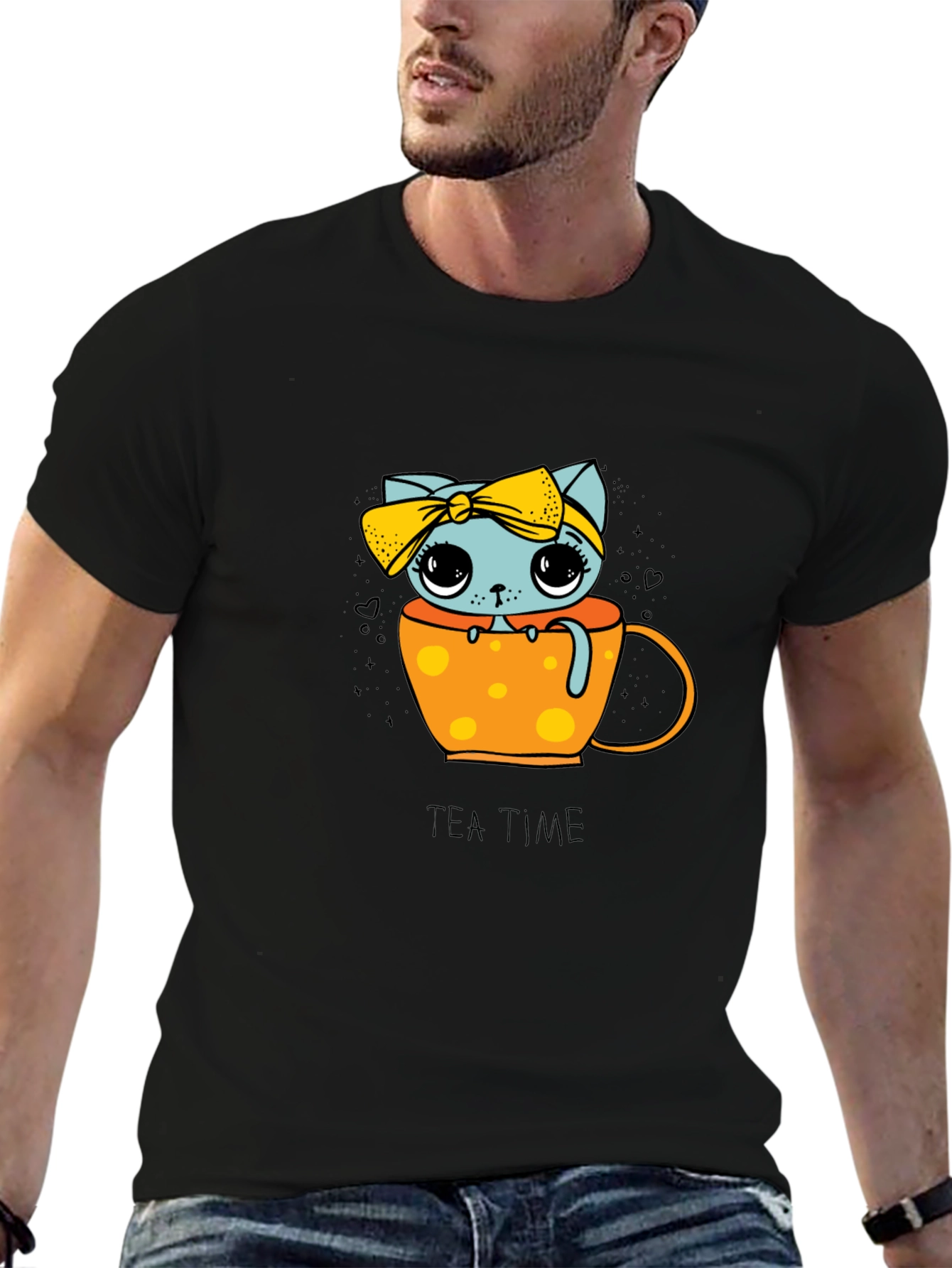 Cute Tea Time Kitten Graphic Tee - Unisex Black Shirt