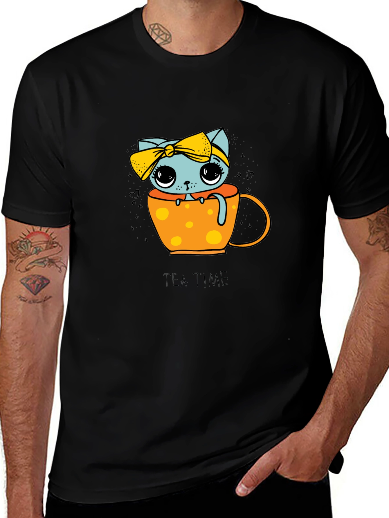 Cute Tea Time Kitten Graphic Tee - Unisex Black Shirt