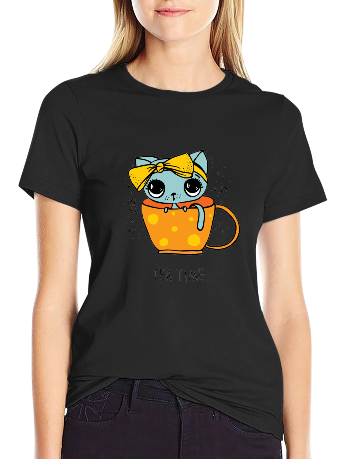Cute Tea Time Kitten Graphic Tee - Unisex Black Shirt