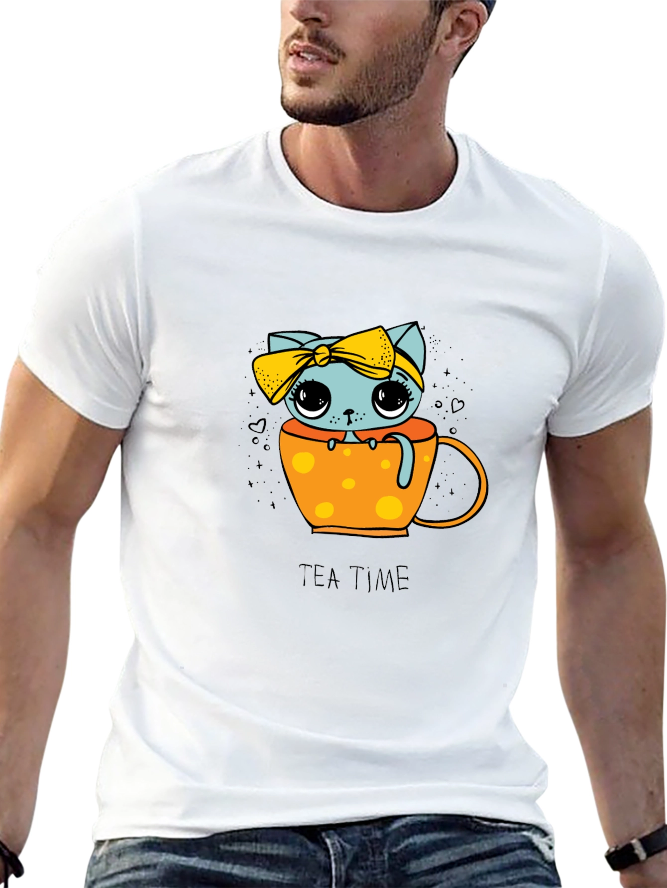 Cute Tea Time Kitten Graphic Tee - Unisex Black Shirt