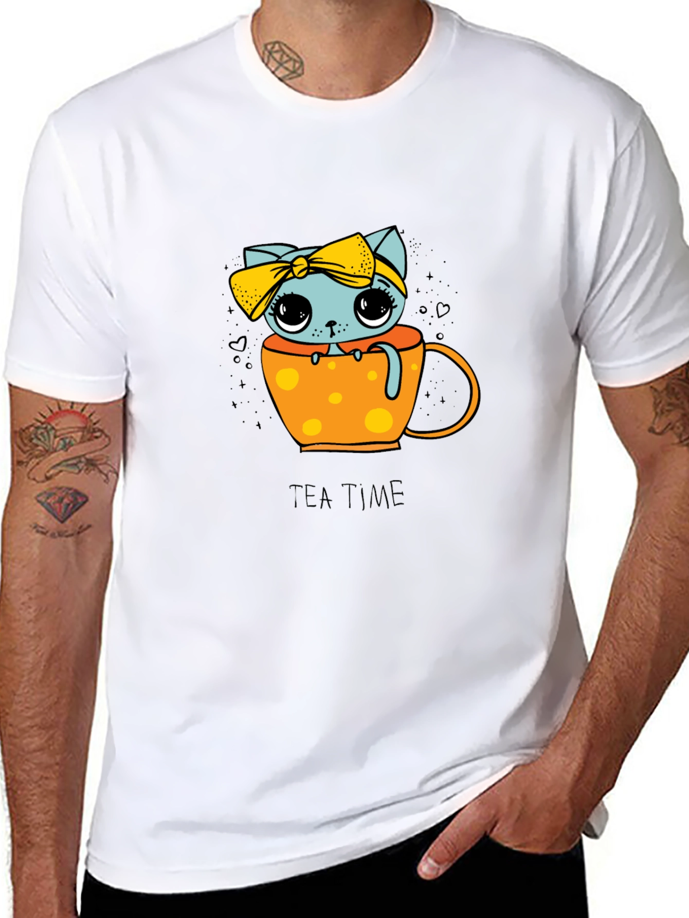 Cute Tea Time Kitten Graphic Tee - Unisex Black Shirt