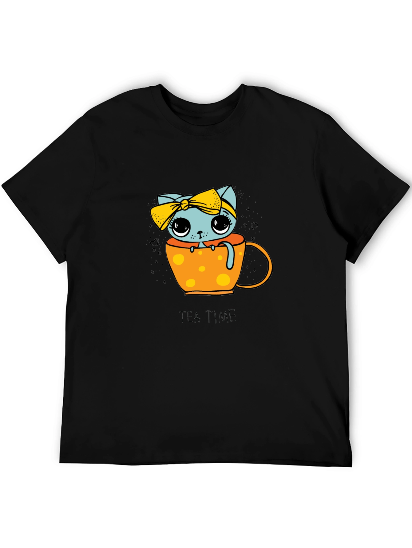 Cute Tea Time Kitten Graphic Tee - Unisex Black Shirt