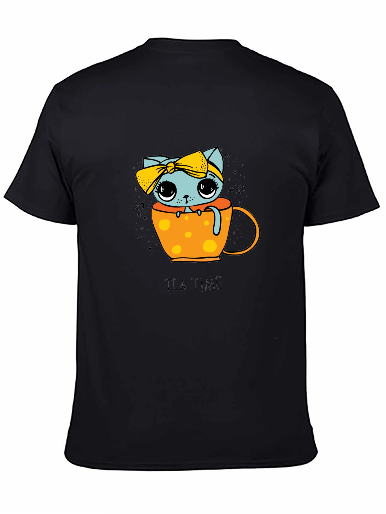 Cute Tea Time Kitten Graphic Tee - Unisex Black Shirt